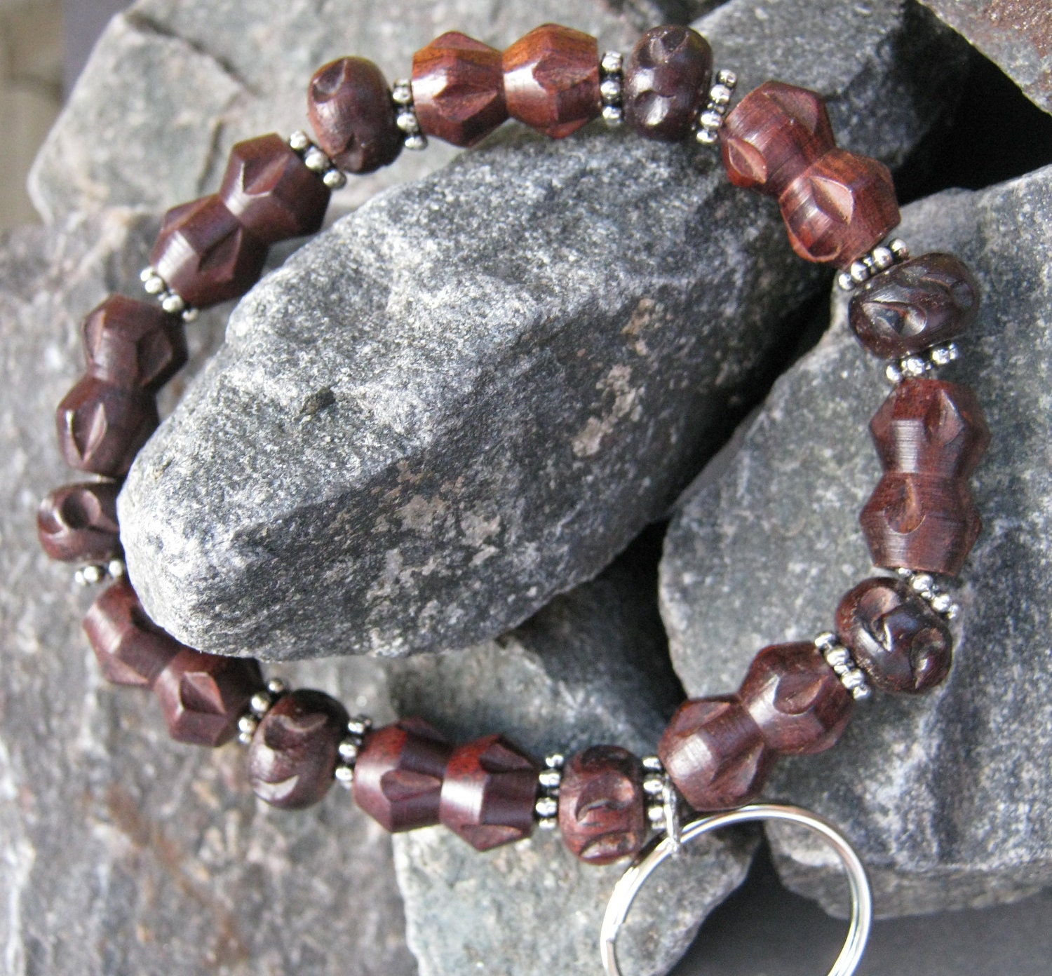 Men's Wrist Keychain with Wood Beads / Stretch Wristlet