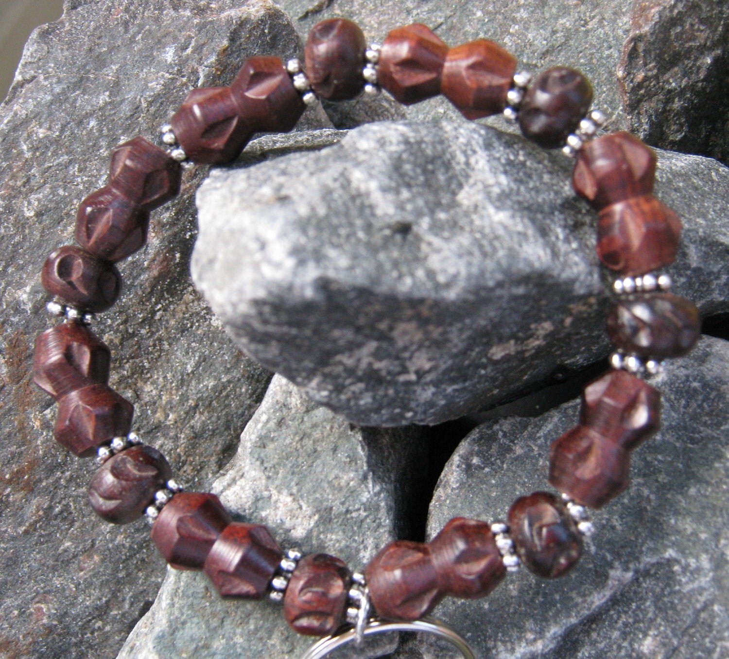 Men's Wrist Keychain with Wood Beads / Stretch Wristlet