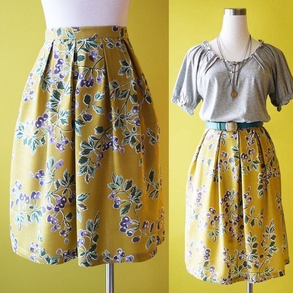 Plus size retro skirt Mustard Skirt Yellow Cherry Print