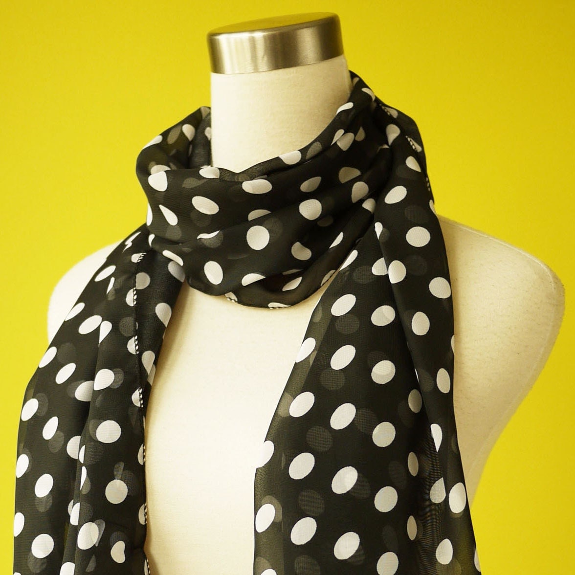 Black Polka Dot Scarf Classic French Chiffon Causal Long Scarf