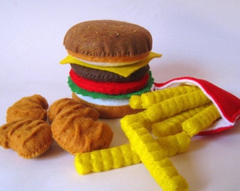 Felt Food Hamburger, french fries & chicken nuggets set eco friendly childrens pretend play food for toy kitchen