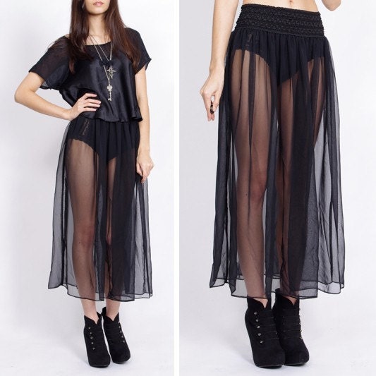 Vintage Sheer Black Gypsy Maxi Skirt Xs S M
