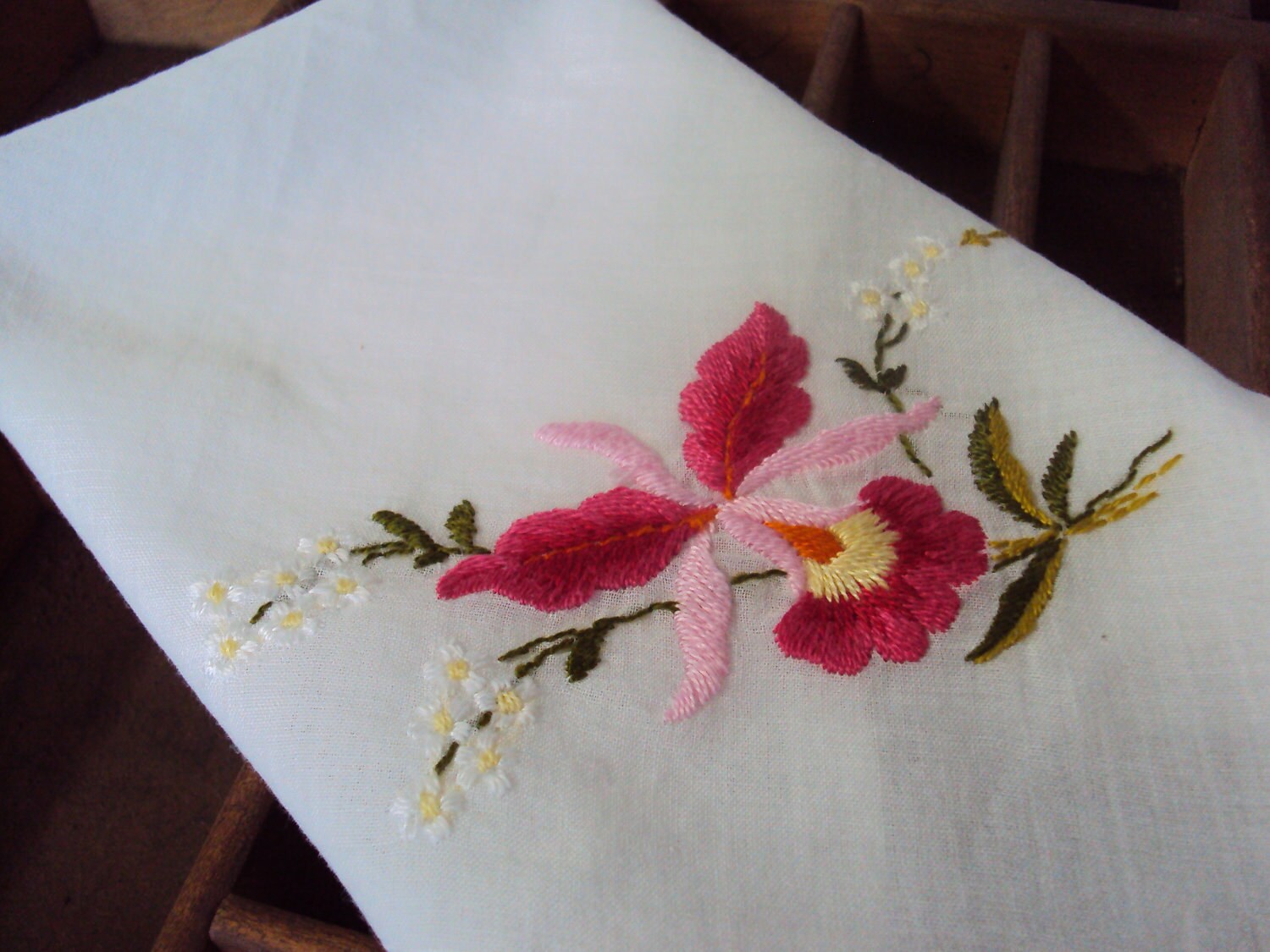 Vintage Embroidered Orchid Handkerchief Linen Flower