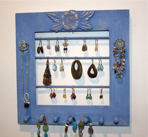 Jewelry Frame Blue Earring Holder Glass Knobs.