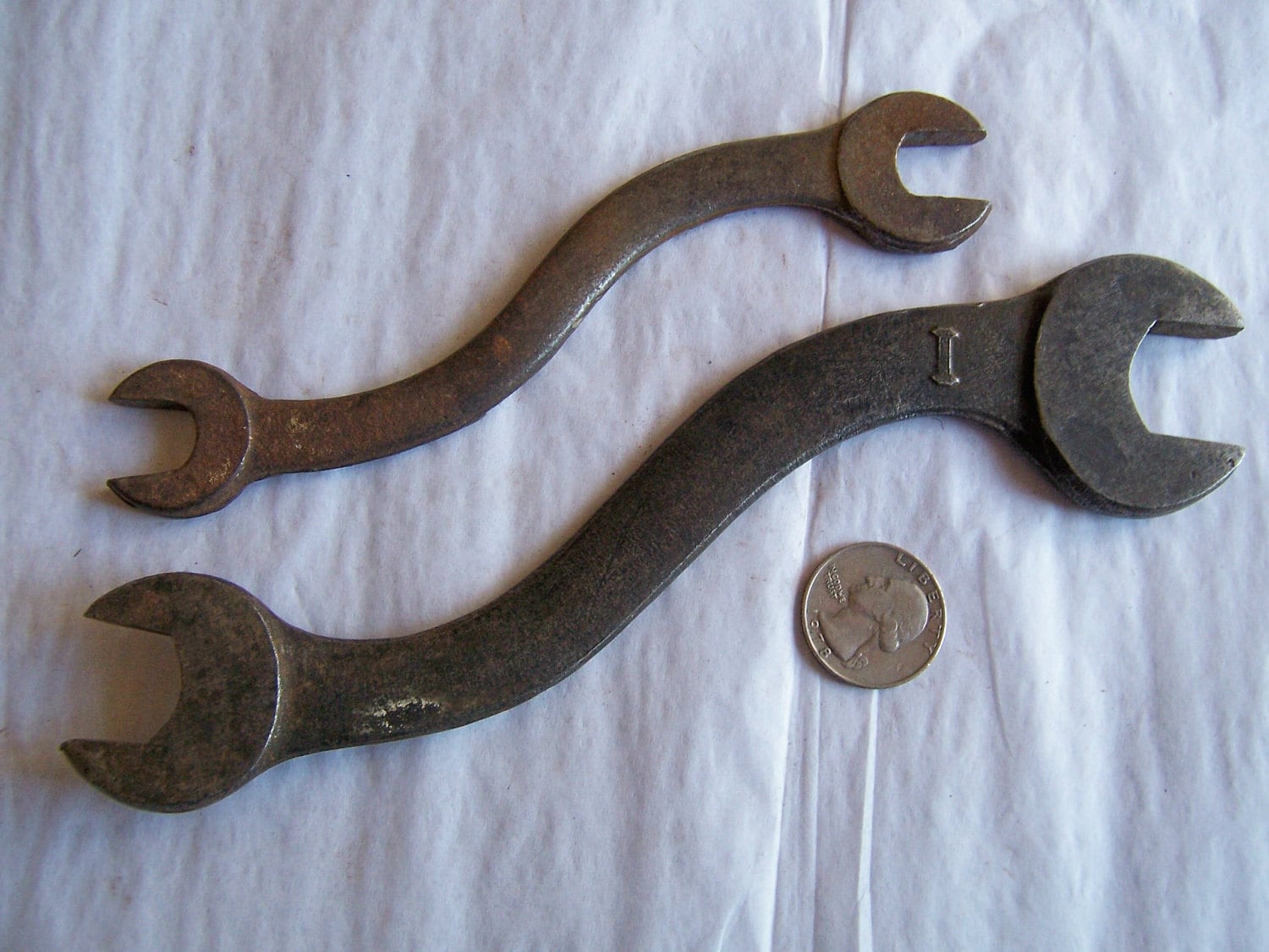 2 Large Vintage Curved Rusty Farm Wrenches