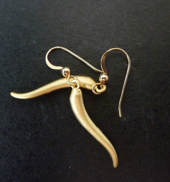 Gold Italian Horn Dangle Earrings-Italian Horn Earrings-Gold