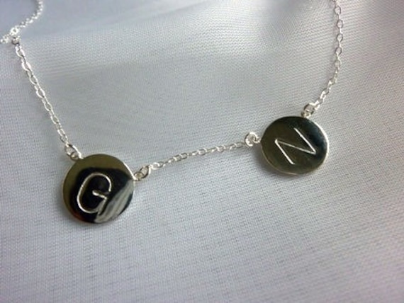 silver double initial disc necklace-silver initial disc necklace-initial necklace-double disc initial necklace-double initial necklace