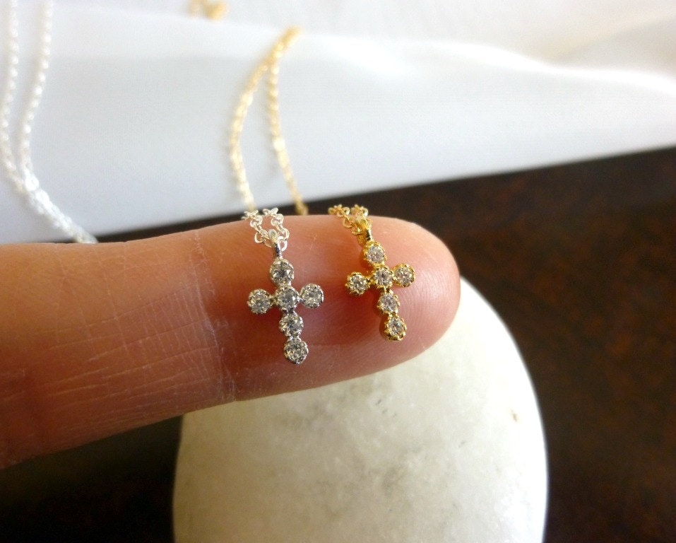 Tiny Gold Cross Necklace-Small Cross Necklace-CZ by MomentusNY