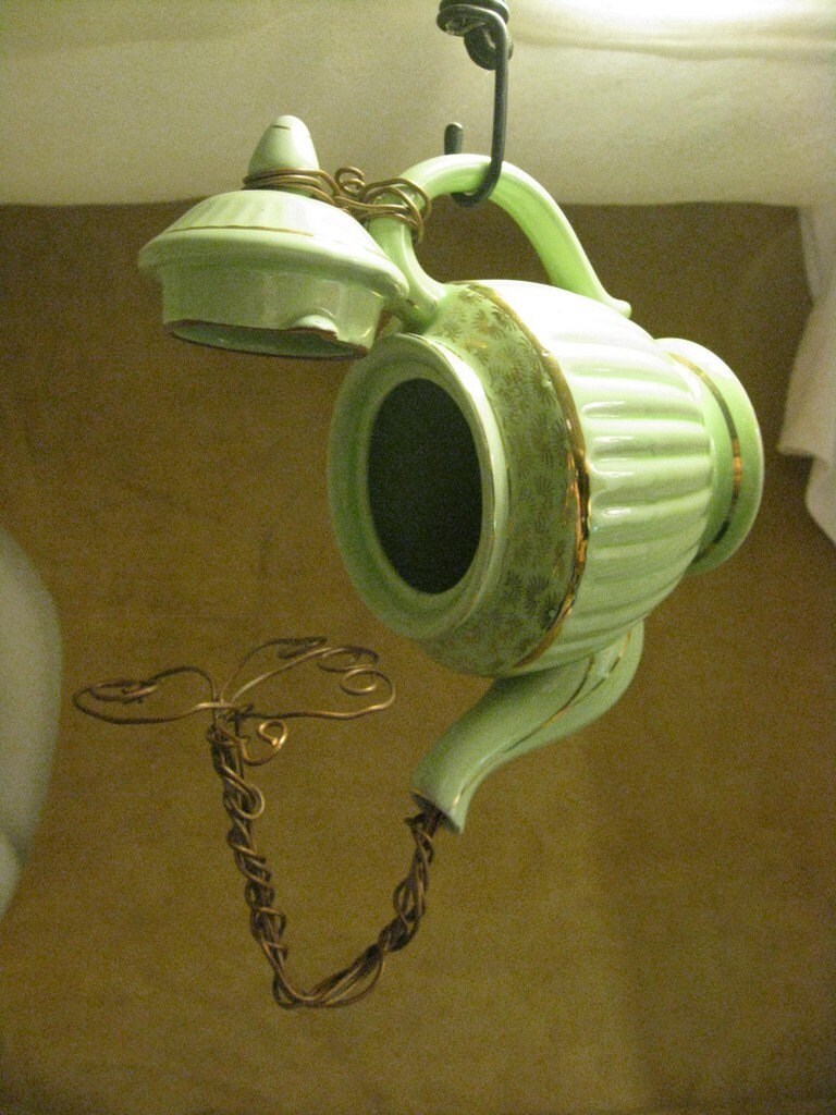 treapot upcycled teapot birdhouse in seafoam green and gold