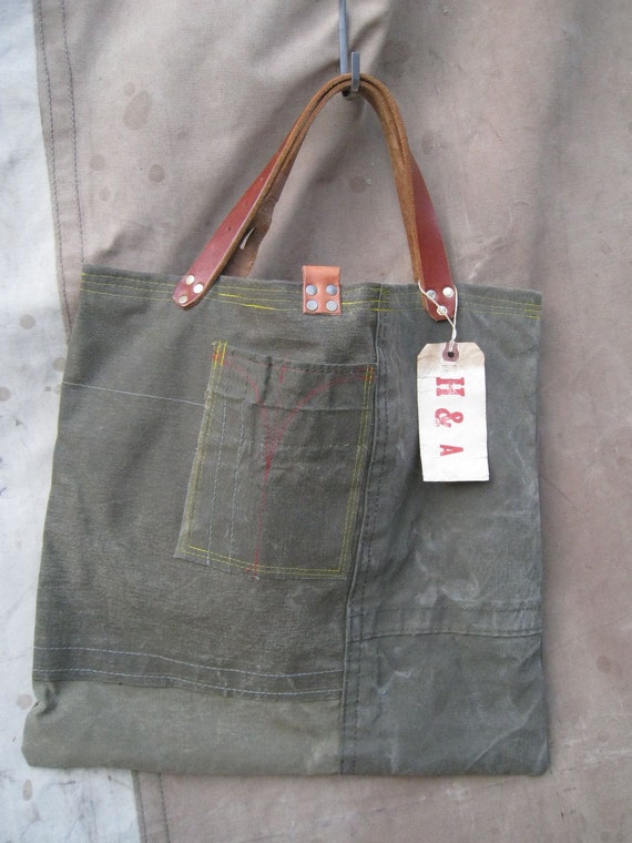 large 3 pocket recycled military canvas tote bag