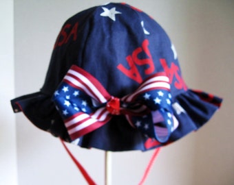 Reversible Girl Patriotic Sun Hat with Ruffle Brim
