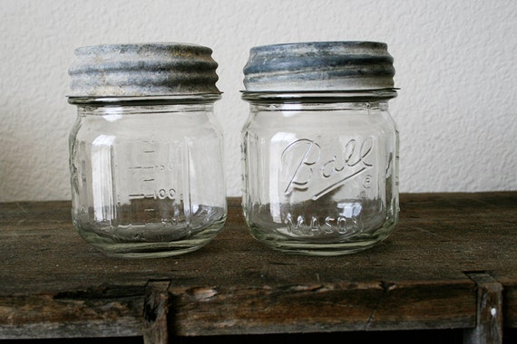 Two Small Ball Mason Jars with Zinc and Glass Lids