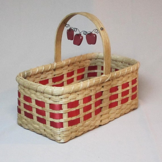 Small Hand Woven Market Basket with Painted Apples on a Wire