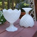 Pair of Diamond Cut Milk Glass Compotes With Sawtoothed Rims