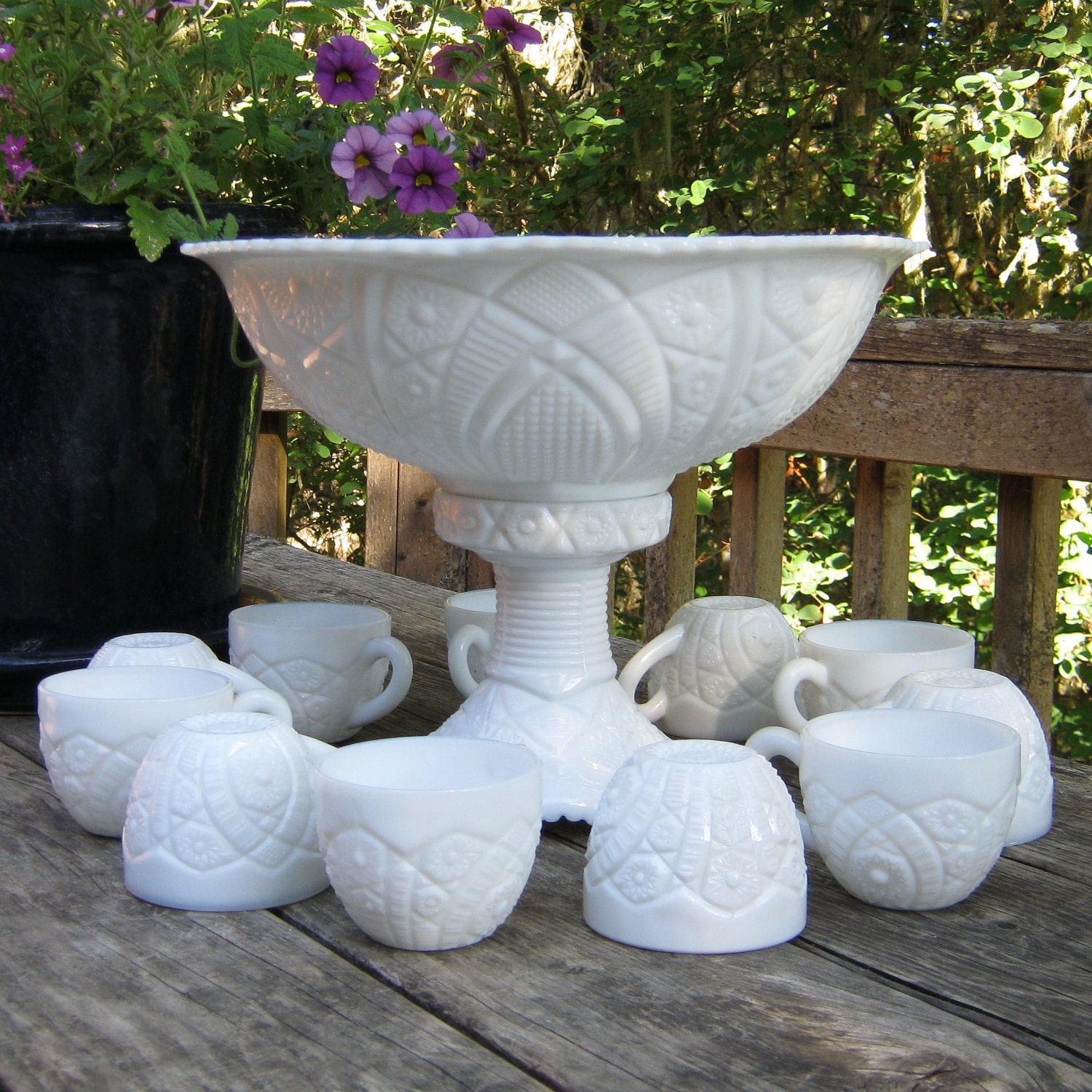 13 Piece Concord Mckee Pedestal Milk Glass Punch Bowl Set 0435