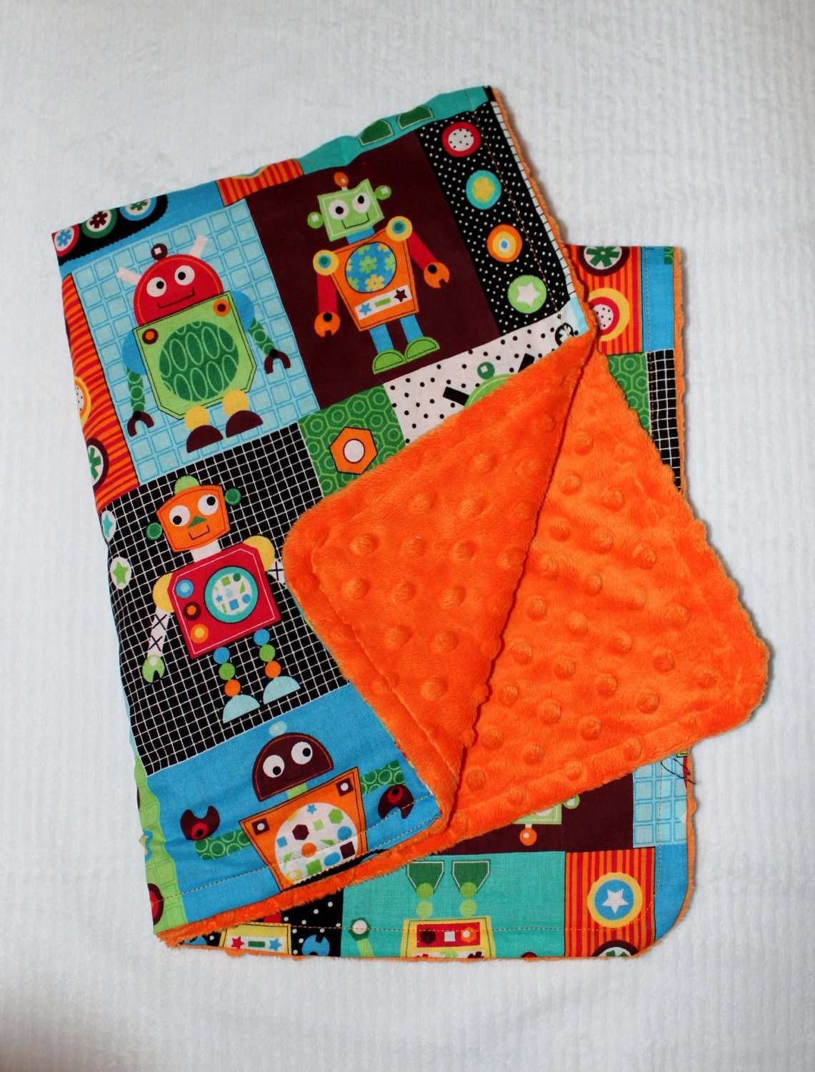 Robots Baby Blanket with Orange Minky with option to ADD NAME