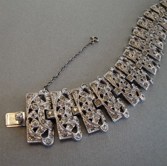 Art Deco Bracelet Wide Rhinestone Vintage by EyeCandyAntiques