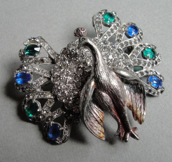 Vintage Peacock Brooch Pin Solid Rhodium By Eyecandyantiques 0459