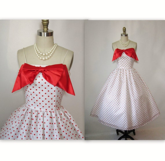 Vintage Cherry Red Polka Dot Chiffon Rockabilly Cocktail Party