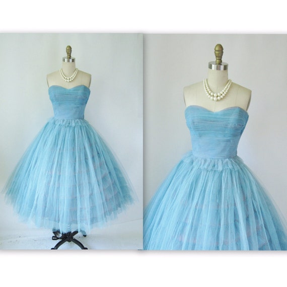 1950's Pleated Tulle Aqua Shelf-Bust Wedding Party Prom
