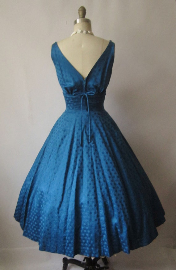 50's Cocktail Dress // Vintage 1950's Deep Blue Polka