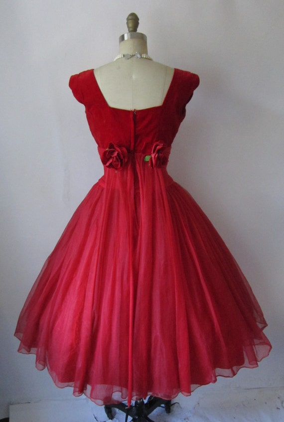 50's Chiffon Dress // Vintage 1950's Red Chiffon