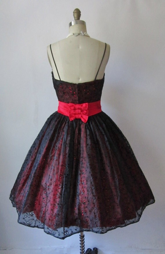50's Cocktail Dress // Vintage 1950's Black Organza