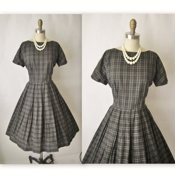 50's Charcoal Plaid Dress // Vintage 1950's Plaid