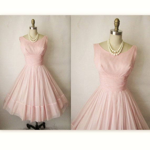 50's Chiffon Dress // Vintage 1950's Pink Chiffon Pink