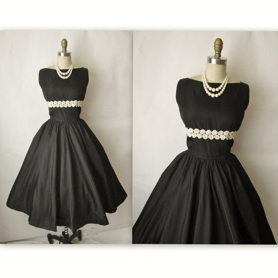 50's Cocktail Dress // Vintage 1950's Black Satin
