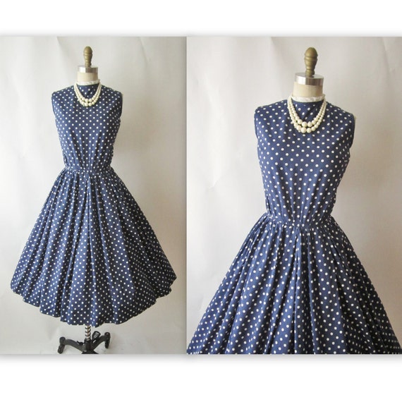 50's Polka Dot Dress // Vintage 1950's Navy Polka Dot