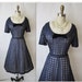 50's Navy Eyelet Dress // Vintage 1950's Navy Eyelet Cotton Full Garden Party Dress L XL