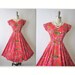 50's Floral Dress // Vintage 1950's Red Floral Print Cotton Garden Party Summer Dress XS