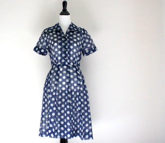 Vintage 1940s blue white polka dot dress sheer