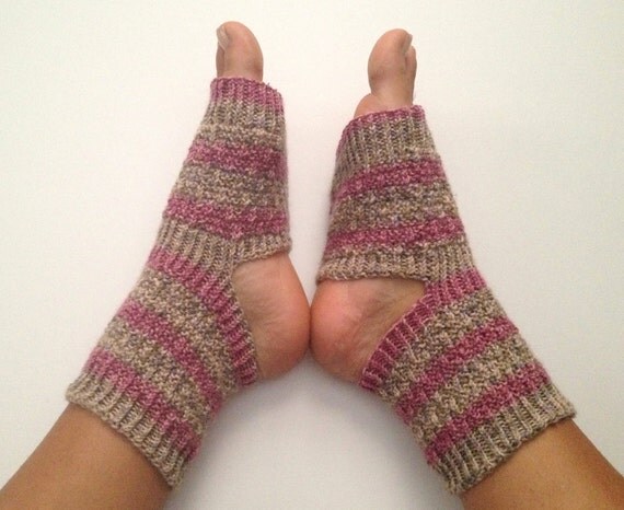 Yoga Socks Hand Knit in Chili Pink and Green StripesPedicure