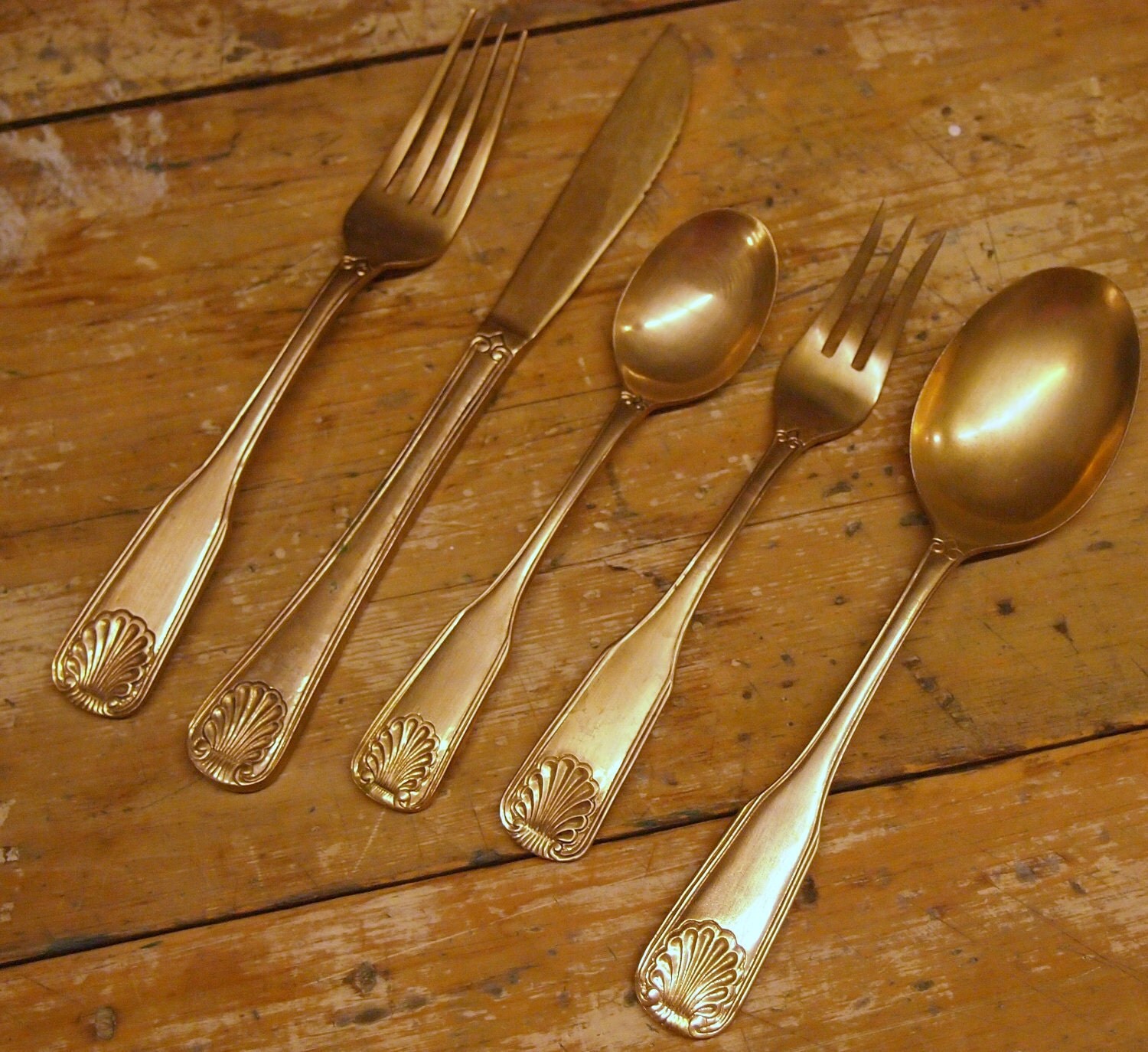 RARE MidCentury HEAVY solid Brass Flatware Set SHELL Pattern