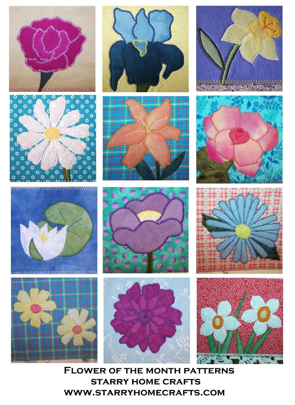 PDF applique pattern flower of the month January through