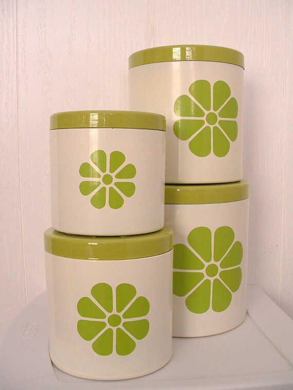 Kitchen canister set with lids Lime green design on white