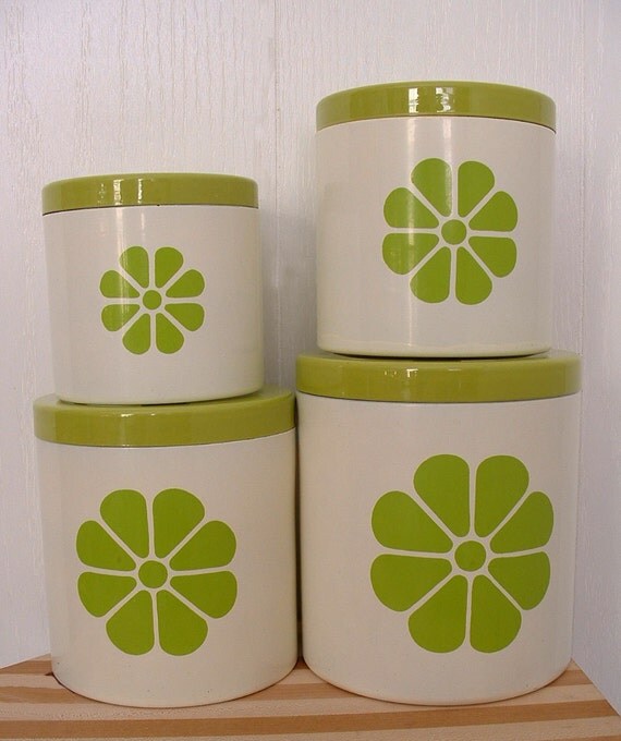Kitchen canister set with lids Lime green design on white