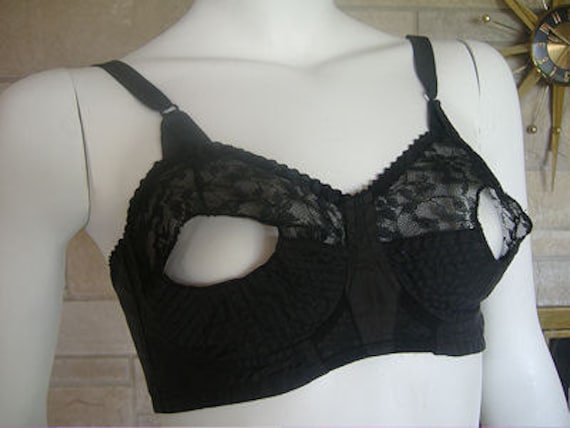 Open+Tip+Bullet+Bra Vintage 50s Black Lace Open Tip Bra 34 36 B by TopSpecialVintage
