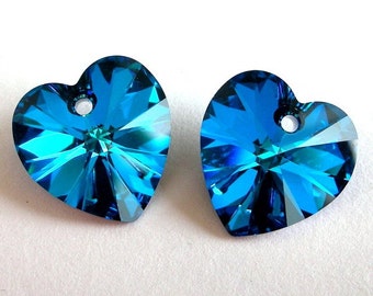 14mm Bermuda Blue hearts, Swarovski crystal pendants, Qty 2