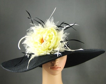 Derby Hat Dress Hat Church Hat Kentucky Derby Hat BLACK Hat Feathers Wide Brim Woman Dress Wedding Tea Party Ascot