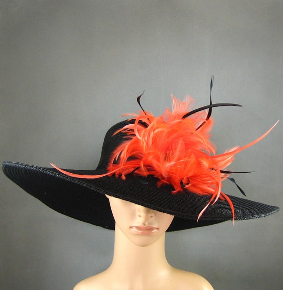  Dress  Hat  with orange  feathers Derby Hat  Church Kentucky Derby