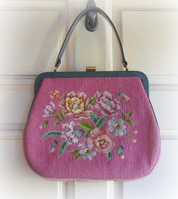 Vintage Pink Floral Needlepoint Handbag