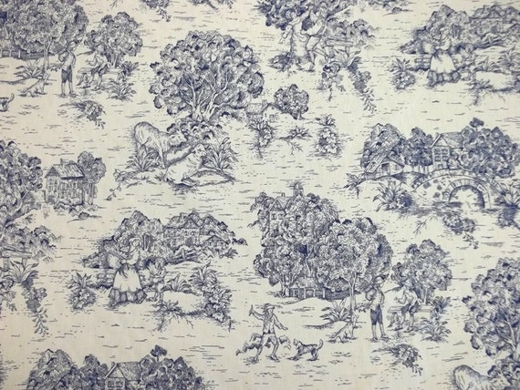 Vintage Navy Blue and Cream Cotton Toile by sewwhatsnewfabrics