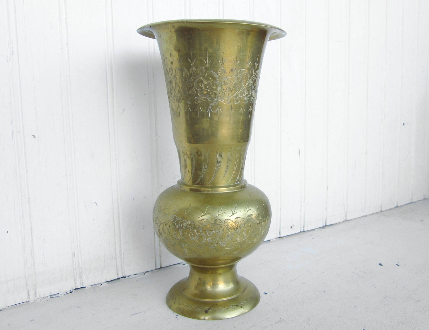 Vintage India Brass Flower Vase With Etched Floral Design