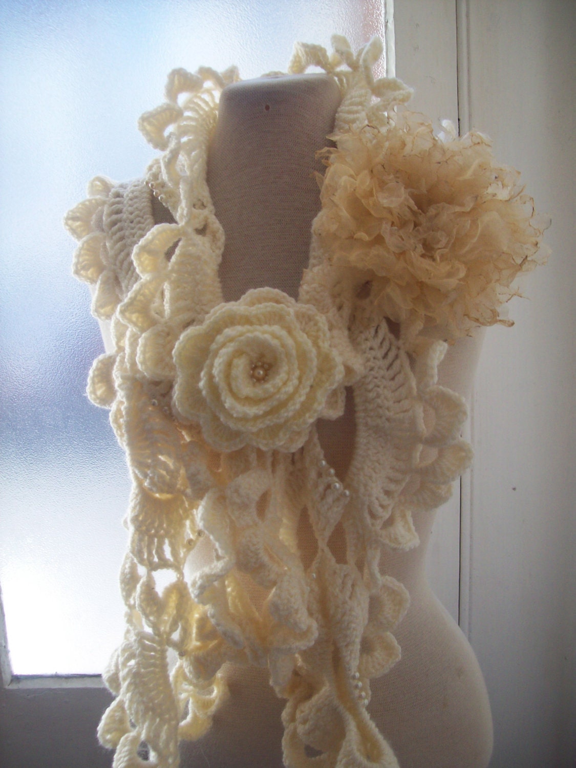 Long sea shells cream crochet scarf with a cream organza