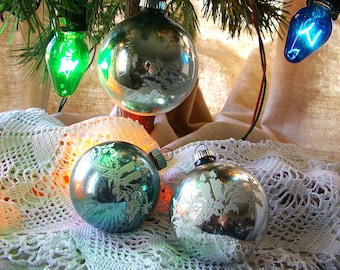 SHINY BRITE Ornament. 1950s Christmas Decoration. 3 ornaments. Silver Blue. stenciled ornaments. candles w/ greenery. Made in USA.