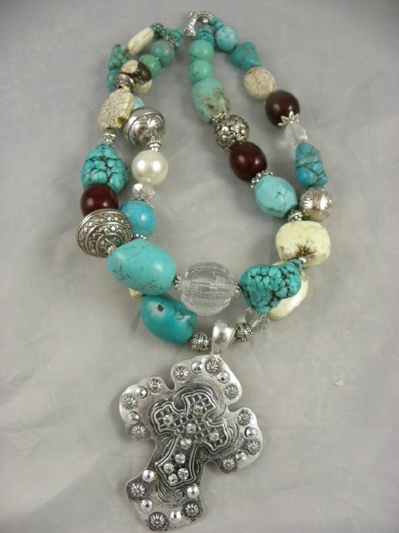 Chunky Western Turquoise Double Strand Cross Necklace