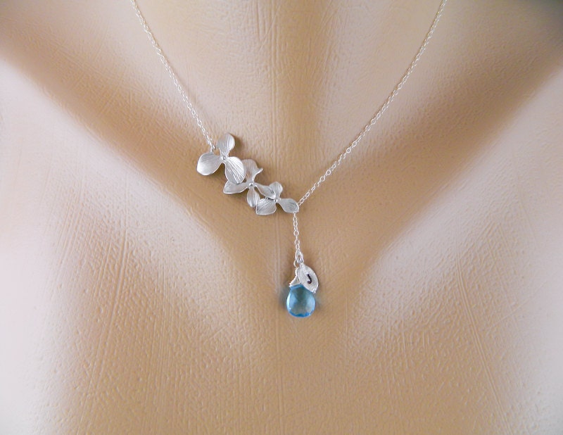 Initial Charm Necklace Silver Lariat Necklace Birthstone